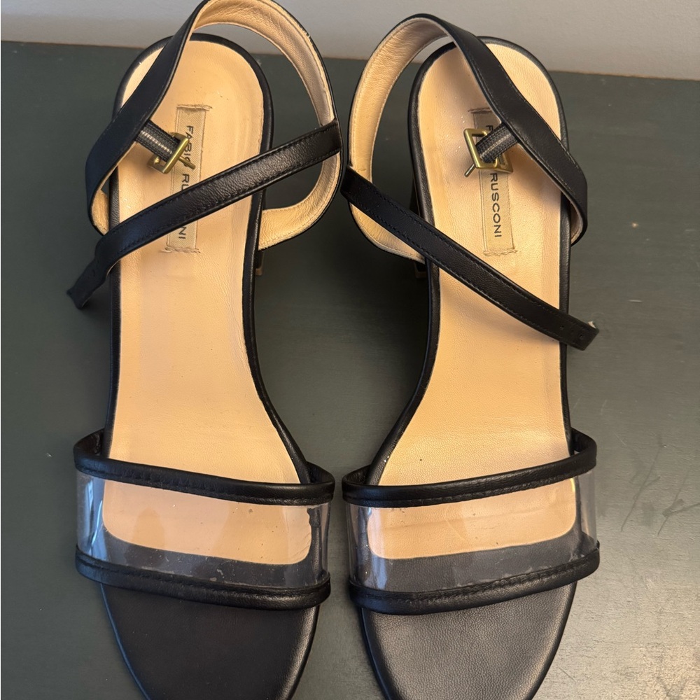 Franco Sarto Black Leather & Clear Strap Heeled Sandals